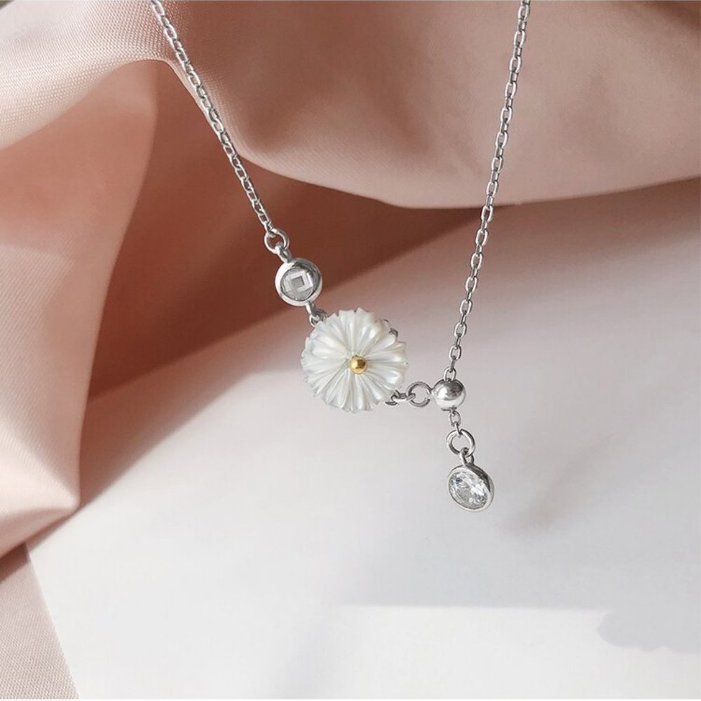 NEW 925 Sterling Silver Shell Diamond Daisy Anklet - Picture 7 of 9